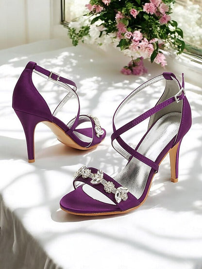 Heels Purple Satin Straps with Stiletto Rhinestone Women's