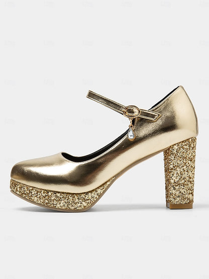 – Women's Block Heel Jane Glitter Mary Sparkly Gold Pumps