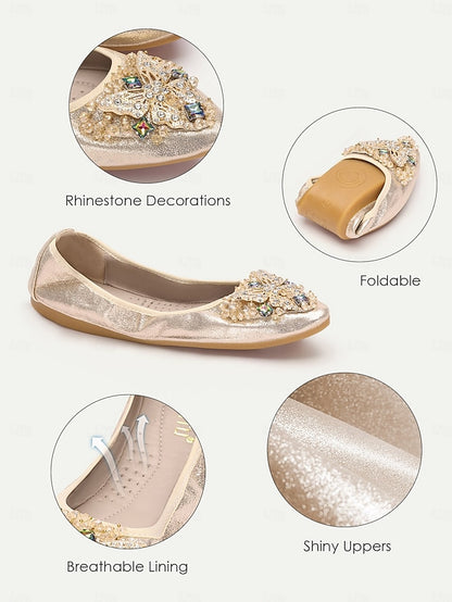 Flats with Women's Foldable Crystal Glitter Gold
