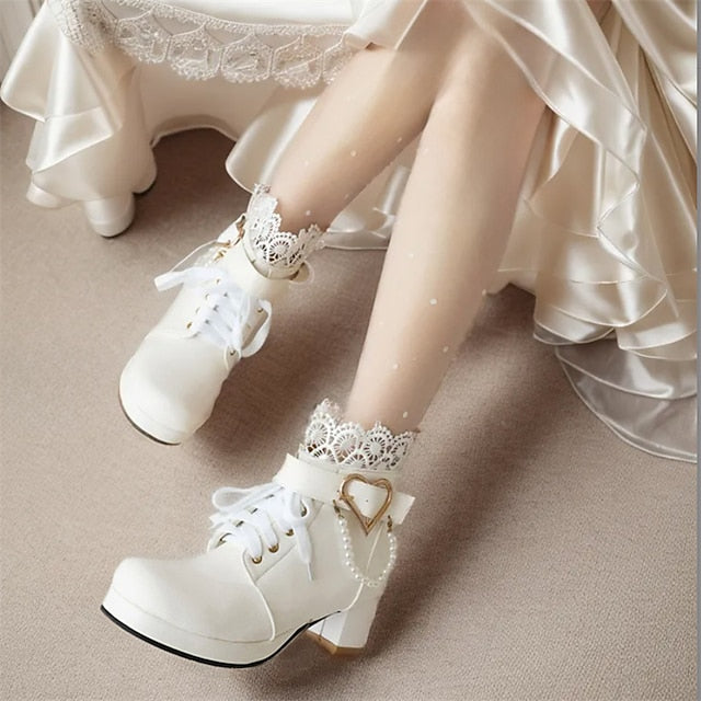 – Bridal Women's Ankle Shoes White Lace-Up Wedding Boots