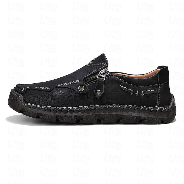 Men's Brown Faux Leather Slip-On Loafers with Side Zipper