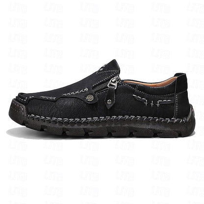 Men's Brown Faux Leather Slip-On Loafers with Side Zipper