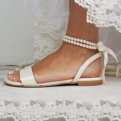 – Ankle White with Strap Flat Women's Pearl Sandals