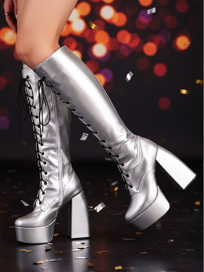 Metallic Silver Platform High Boots - Lace-Up Women's Knee