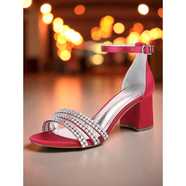 Satin Heel Purple Block Sandals Rhinestone with Women's