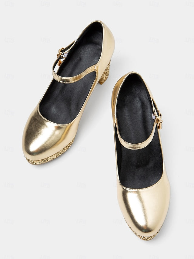 – Women's Block Heel Jane Glitter Mary Sparkly Gold Pumps