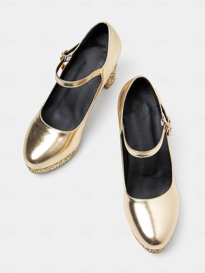 – Women's Block Heel Jane Glitter Mary Sparkly Gold Pumps