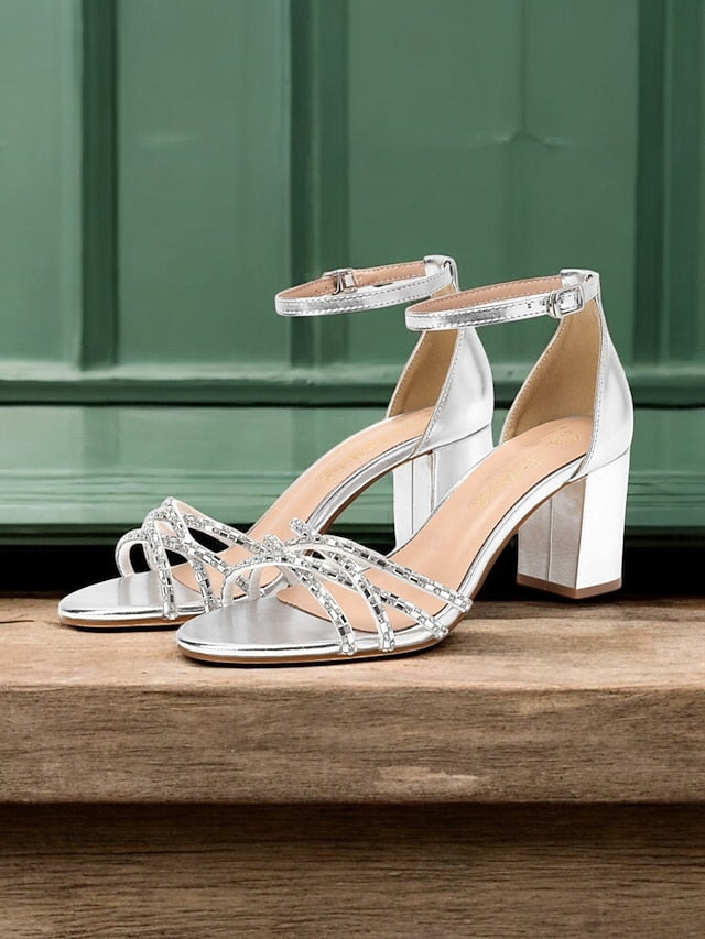 Silver Rhinestone Sandals Heel with Block Metallic Strappy