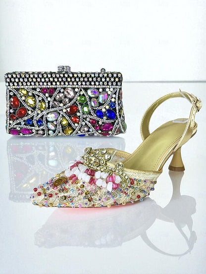 Heel Shoes and Women's Bag Clutch Rhinestone Set Green -