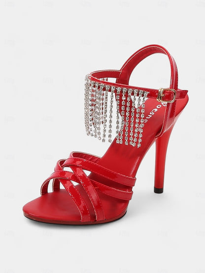 Rhinestone Women's Stiletto with Sandals Leather Red Patent