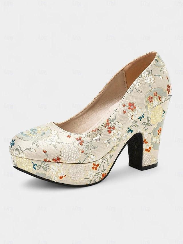 – - Women's Heel Platform Block Printed Floral Pumps