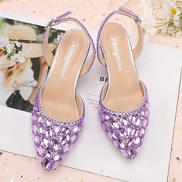 Heels Women's Crystal Slingback High Rhinestone Pointed-Toe