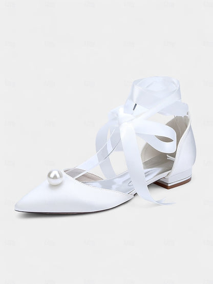 Embellished Satin Pointed Women's Navy - Pearl Flats Toe