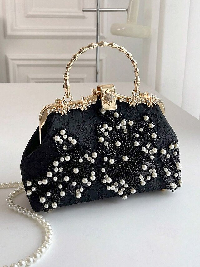Evening White and Elegant Floral with Pearl Handbag Lace