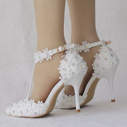 Lace Wedding Shoes Heel High Bridal Pointed Women's