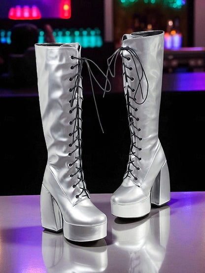 Metallic Silver Platform High Boots - Lace-Up Women's Knee