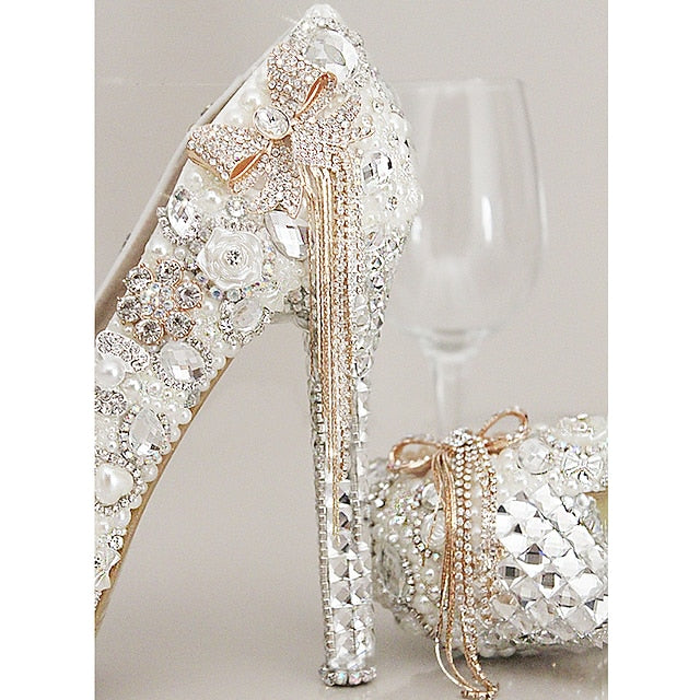 White Women's Rhinestone Embellished and Platform Pearl