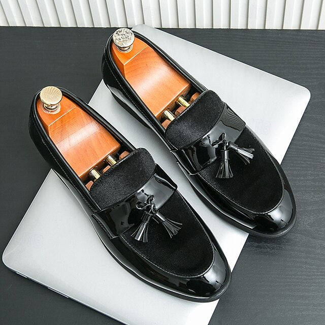 Velvet Men's Leather Patent Faux – Loafers Tassel Black
