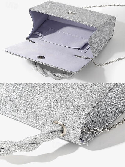 Women's Braided Handbag and Handle Silver with Glitter