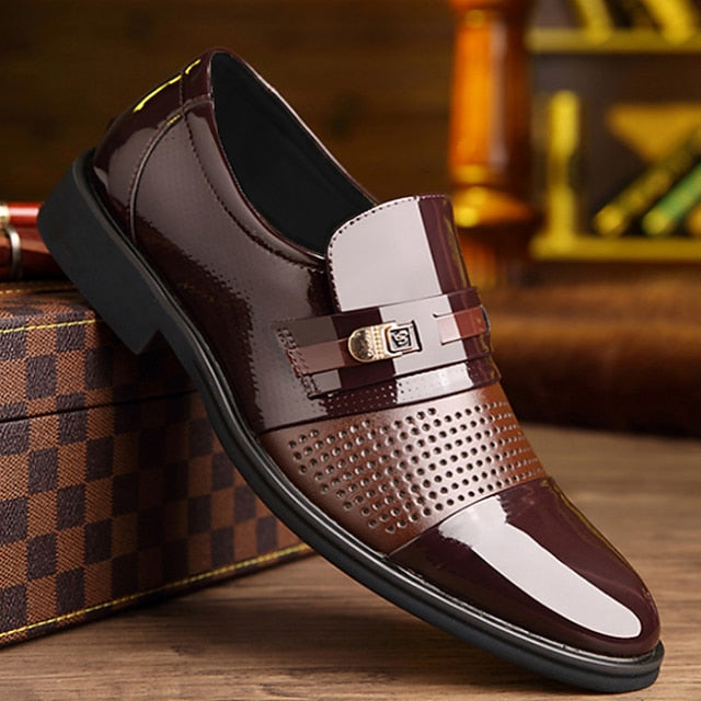 Men's Loafers with Faux Patent Brown Leather