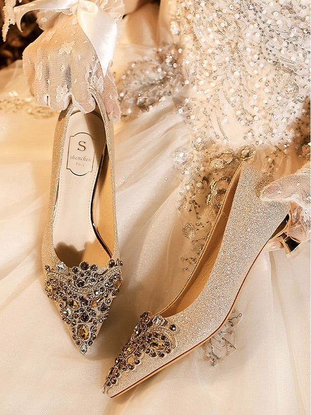 with Glitter Low Pointed-Toe Gold Pumps Heel Women's