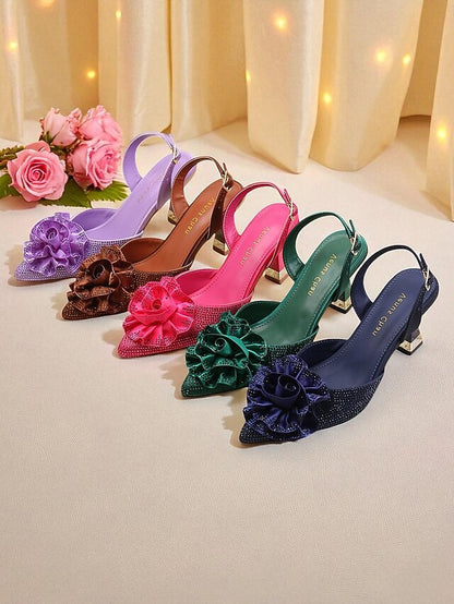 Purple with Slingback Rhinestone Floral Heels Women's