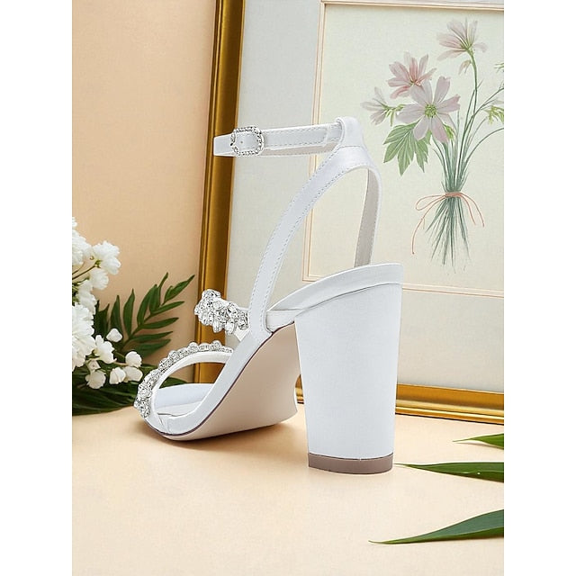 Block Rhinestone Heel - Straps with Sandals White Women's