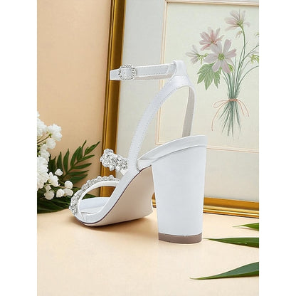 Block Rhinestone Heel - Straps with Sandals White Women's