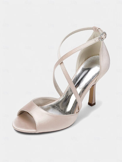 Cross-Strap Heels Women's Elegant White Satin – Peep-Toe
