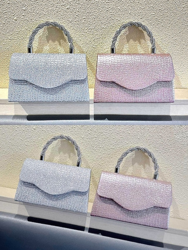 Glitter Silver Women's – Rhinestone Handbag with Handle