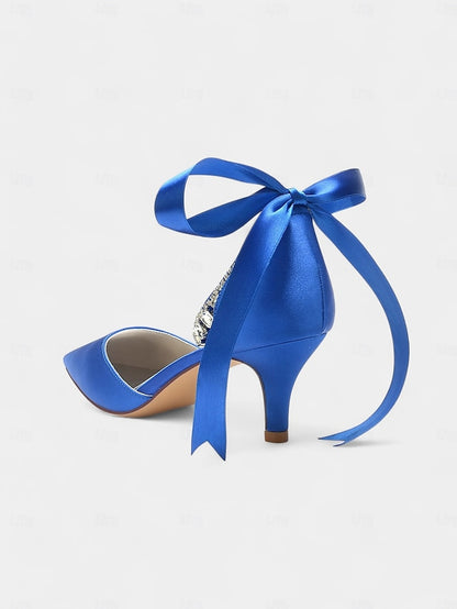 with Ankle and Strap Heels Satin Pointed-Kitten Blue Rhinestone