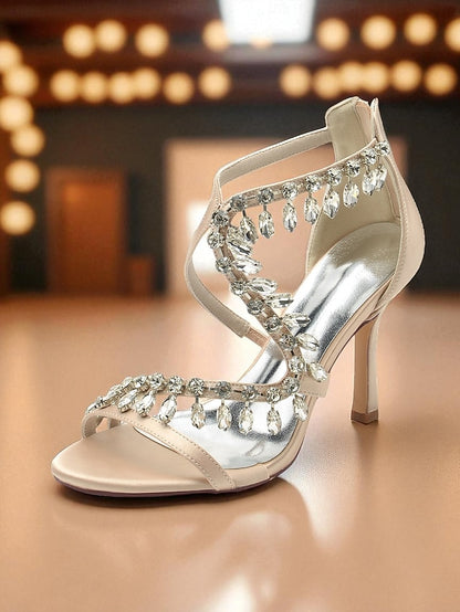 Strappy Heel Sandals Rhinestone High with Women's White