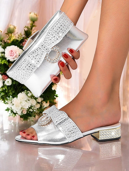 Clutch Matching with Gold Bow – Sandals Rhinestone Flat