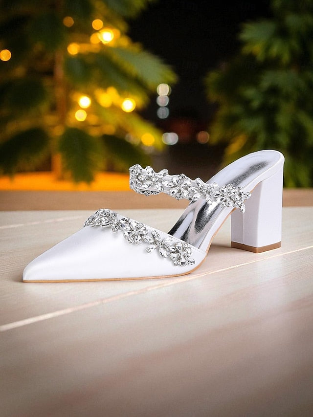 Women's Floral Satin Black Rhinestone Heel Mules Block with