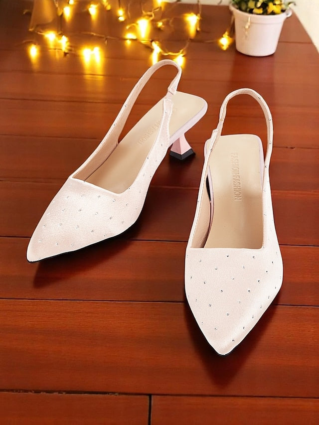 Kitten Heels Women's Studs Rhinestone Slingback Satin with