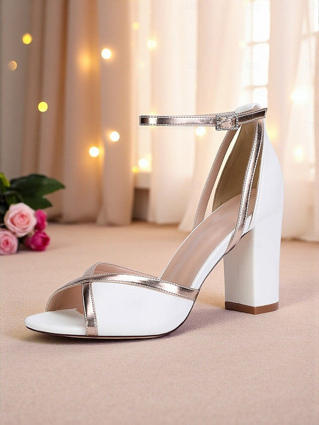 Metallic Block White Strap Ankle Sandals Heel with Women's