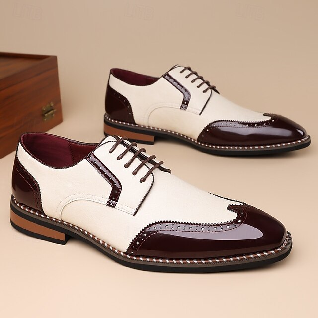 Burgundy Oxford Leather Faux Wingtip and Shoes White Men's