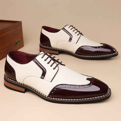 Burgundy Oxford Leather Faux Wingtip and Shoes White Men's