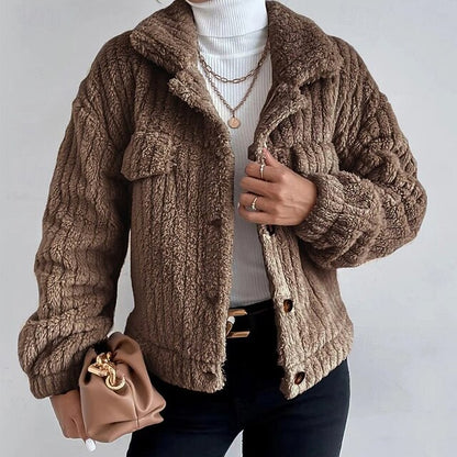 Casual Warm Teddy Plain Coat Women's Buttons Comfortable
