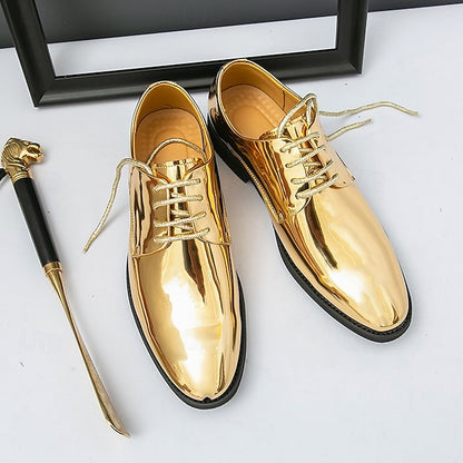 for – Patent Gold Shiny Shoes Leather Men Sleek Lace-Up