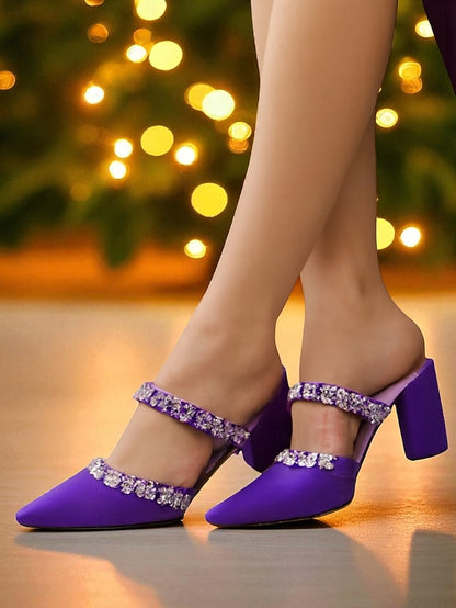 Women's Floral Satin Black Rhinestone Heel Mules Block with