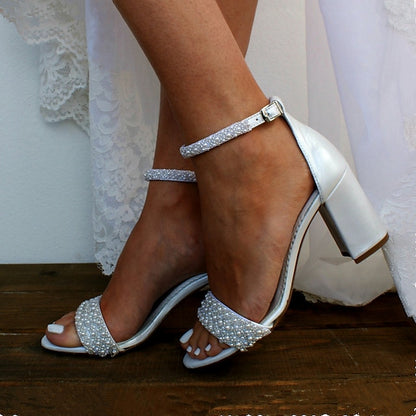 Block Pearl Strap Ivory Embellished Ankle White Women's