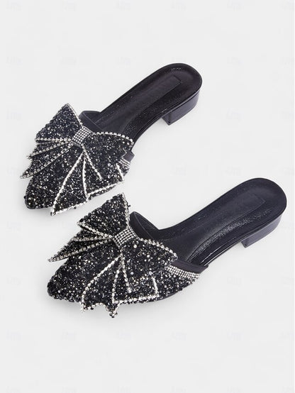 Rhinestone-Bow for Parties Mules Black – Flat Perfect and