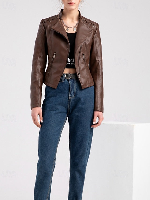 Leather Jacket Women's Zipper Faux Comfortable Pocket