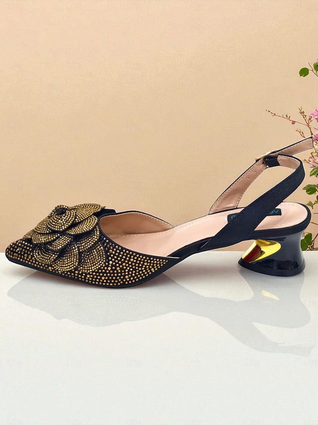Slingback Women's Gold Matching Pumps with Rhinestone