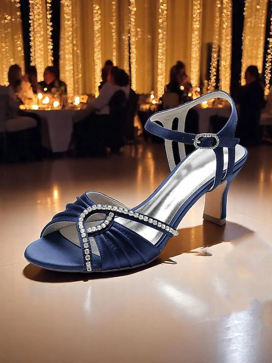 Satin – Rhinestone Sandals Blue Heeled Navy Women's