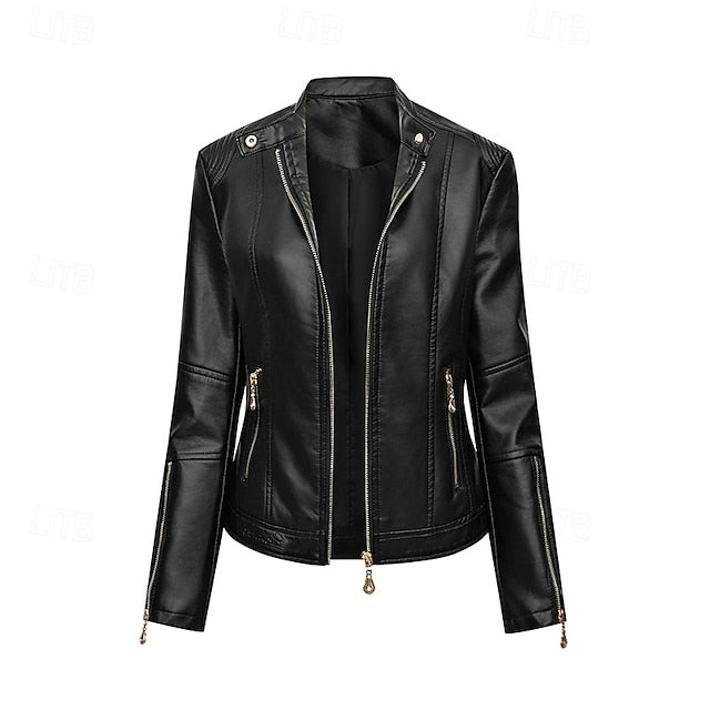 Comfortable Women's Zipper Leather Pocket Jacket Faux