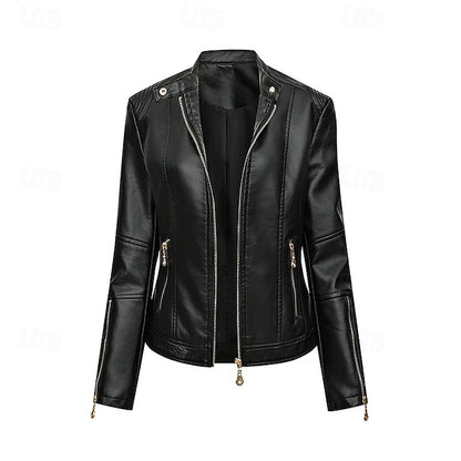 Comfortable Women's Zipper Leather Pocket Jacket Faux