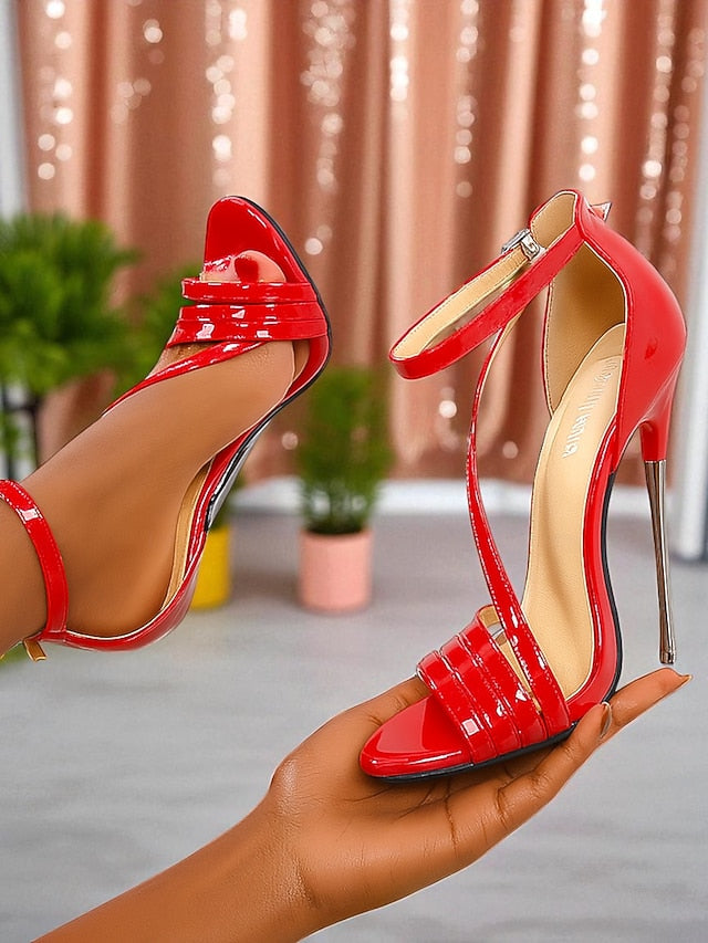 Red Strappy Sandals Heels PU High Women's Stiletto Patent -