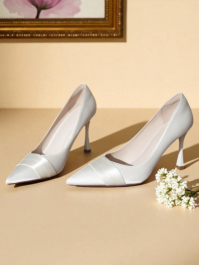 - High Women's Pumps Pointed Heel Satin Toe Champagne